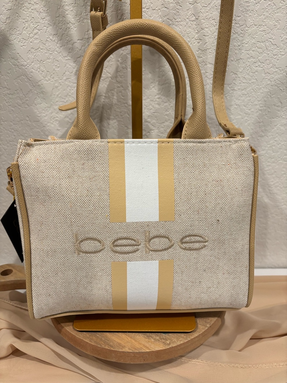 bebe Beige Tan Logo Small Satchel Top Handle Zip Bag Detachable Crossbody Strap